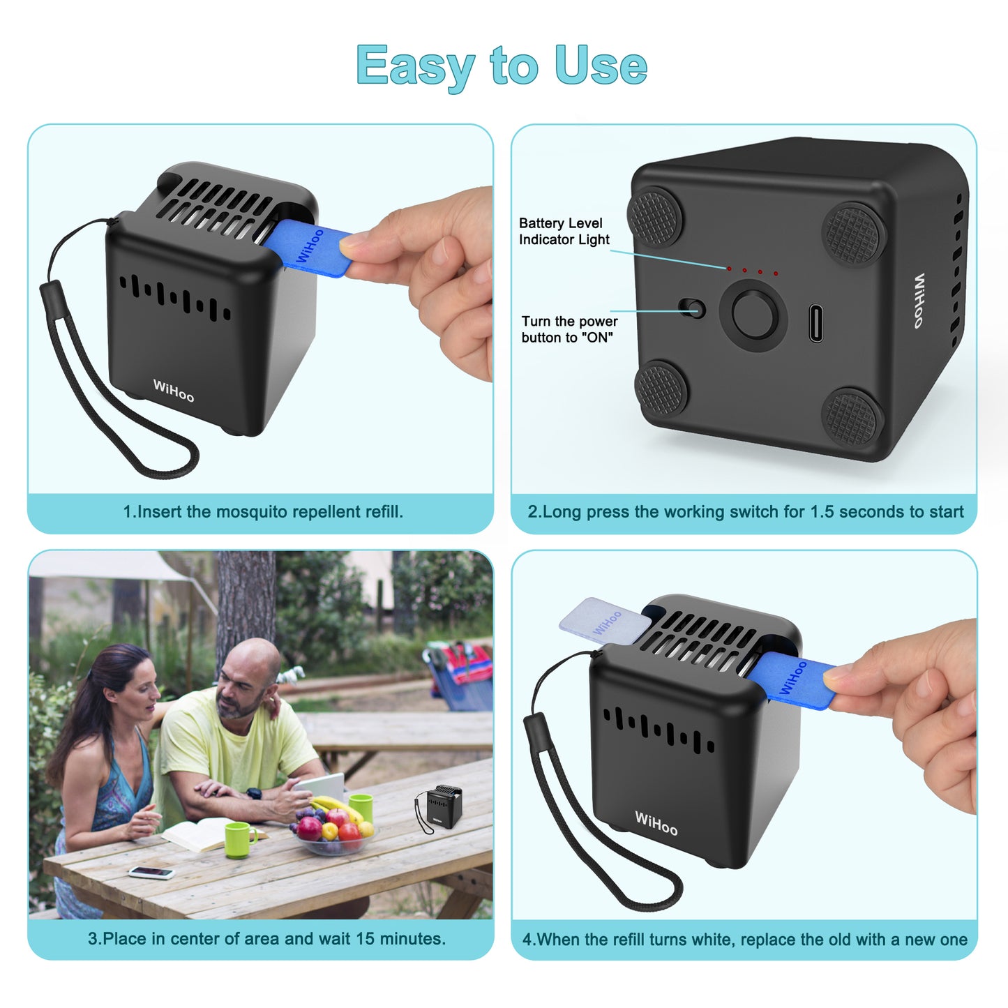 WiHoo Mosquito Repeller Outdoor Patio, Rechargeable Electronic Mosquito Repellent Indoor for Backyard, Poolside, Decks, Porches, Camping