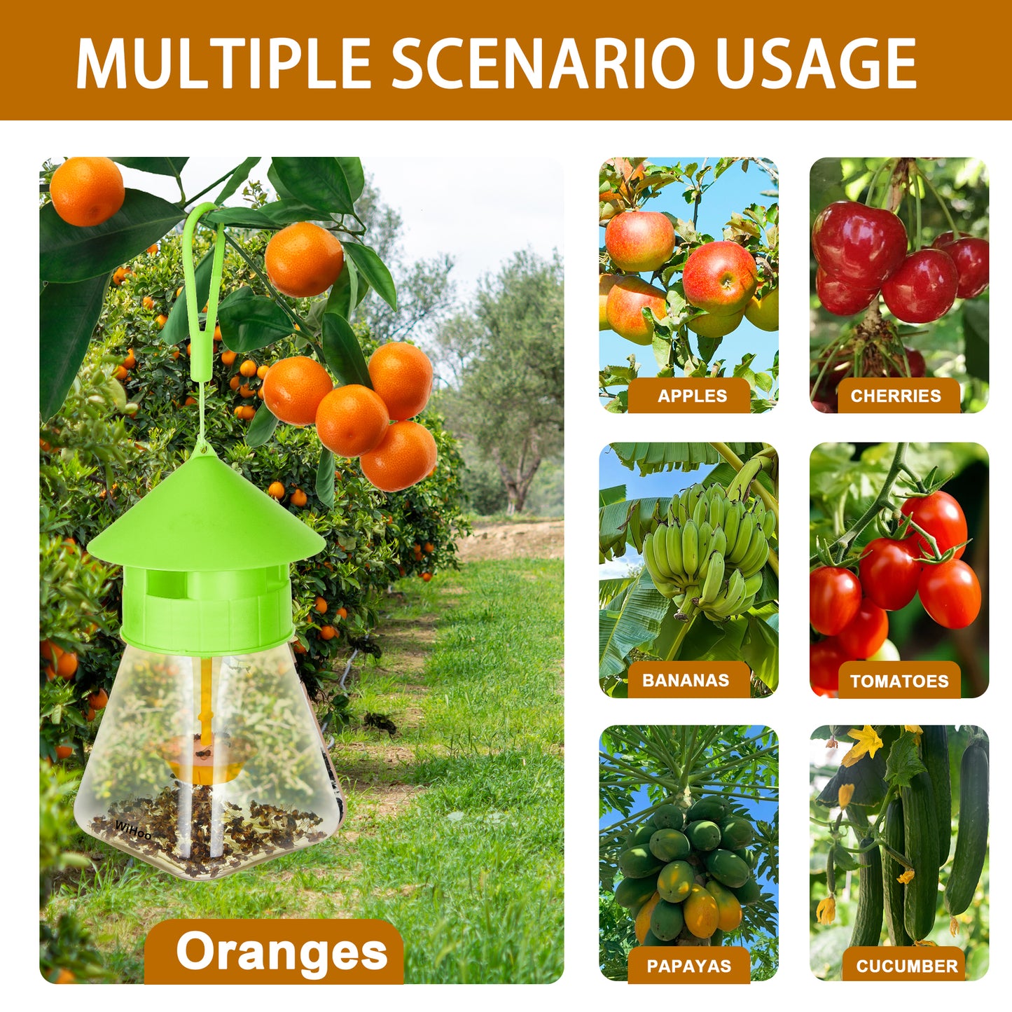 WiHoo Pesticides Outdoor Fly Traps with Fruit Fly Bait Refill for Fruit and Vegetable Garden