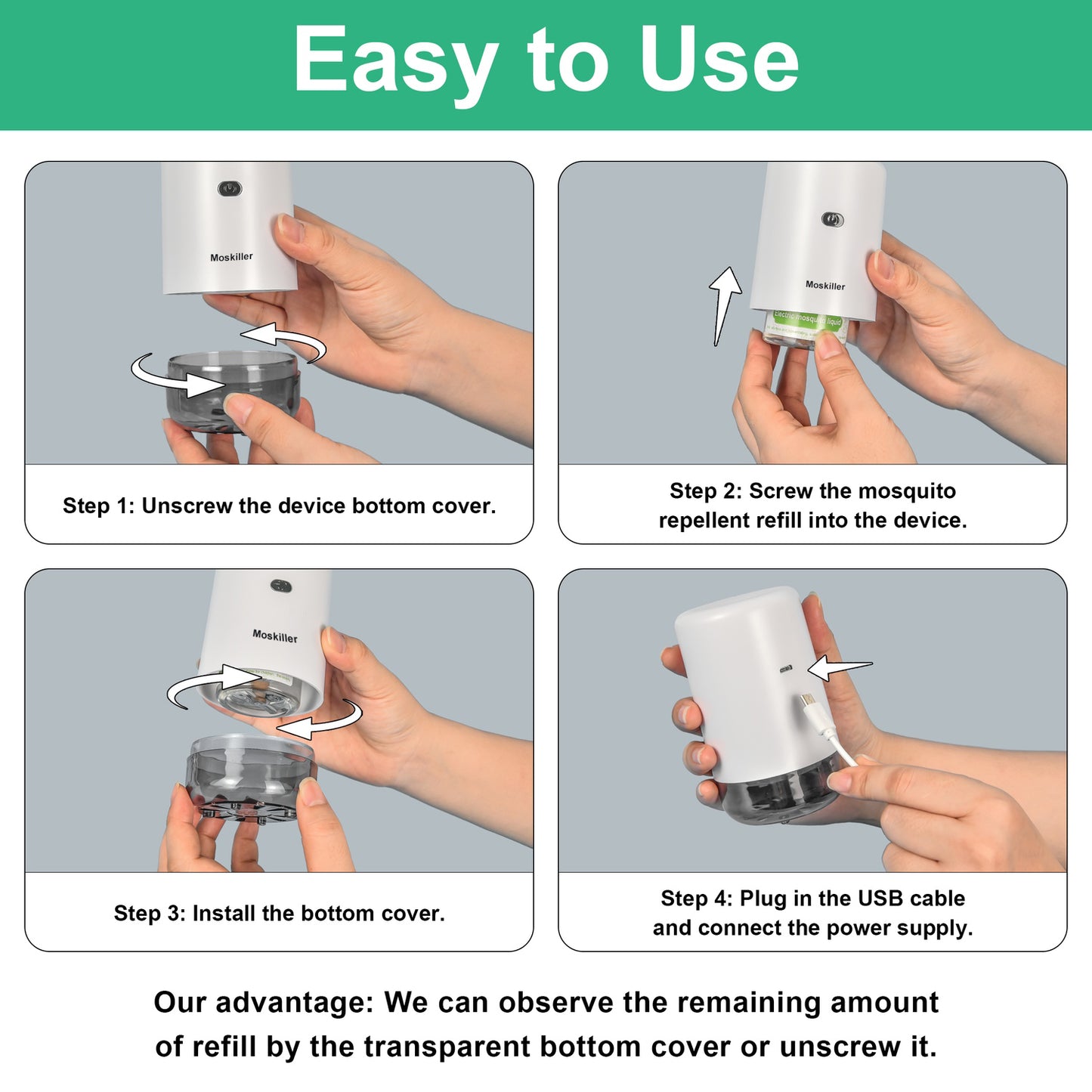 Moskiller Mosquito Repeller, USB Electronic Mosquito Repeller Indoor Use, Includes 280 Hr Repellent Refill for Home, Bedroom, Office