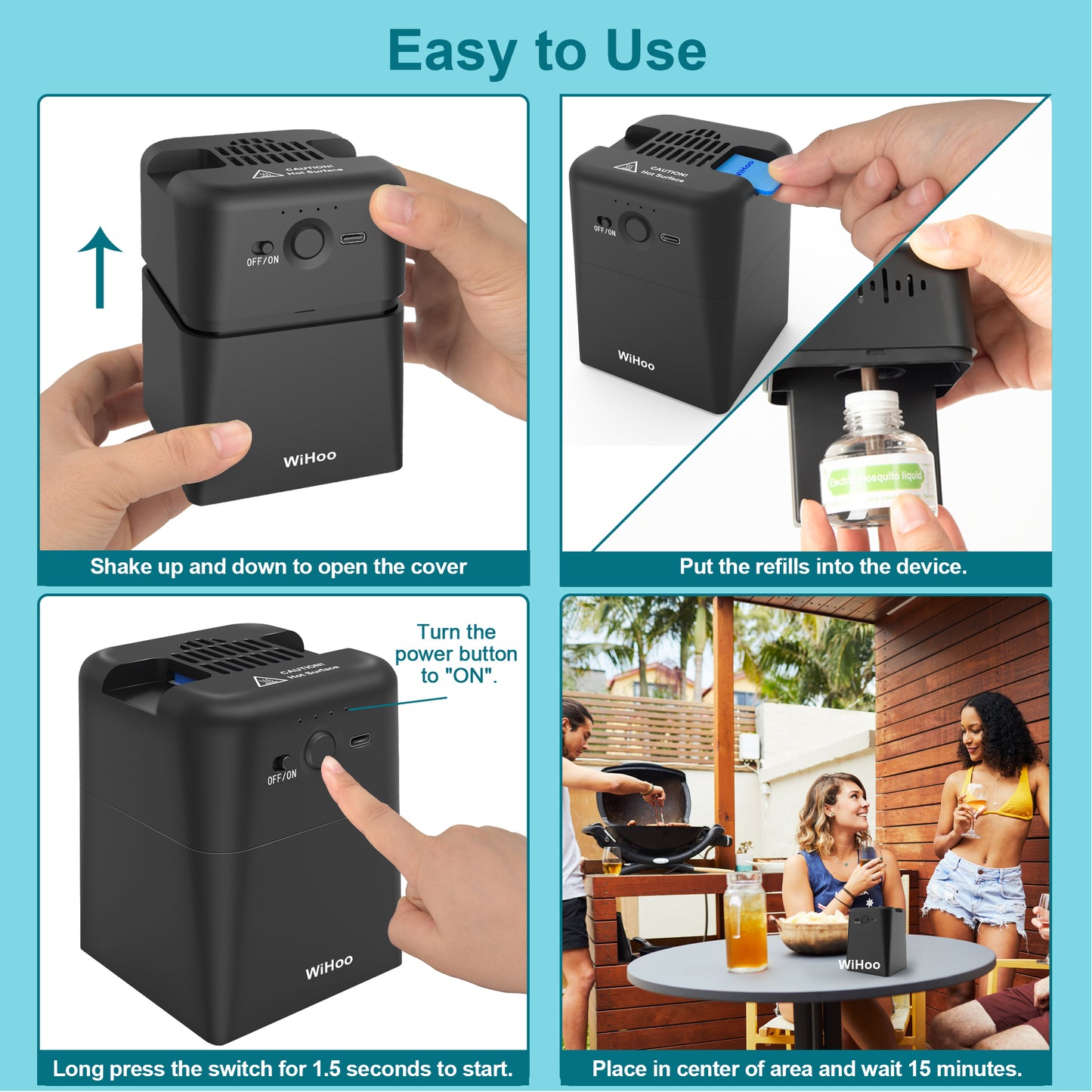 WiHoo Mosquito Repeller Outdoor Patio, Rechargeable Electronic Mosquito Repellent Indoor for Backyard, Poolside, Decks, Porches, Camping