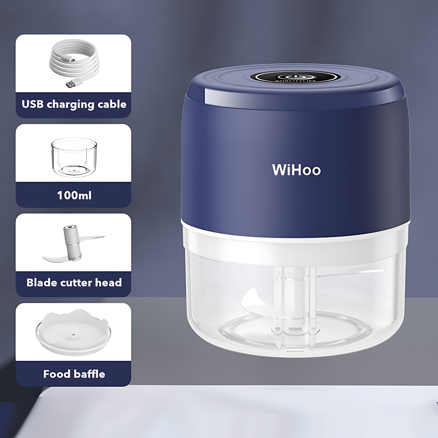 WiHoo Electric Garlic Chopper, Mini Portable Veggie Chopper, 250ML Garlic Grinder Masher Onion Chopper, Blender to Vegetable, for Ginger, Chili, Fruit, Meat