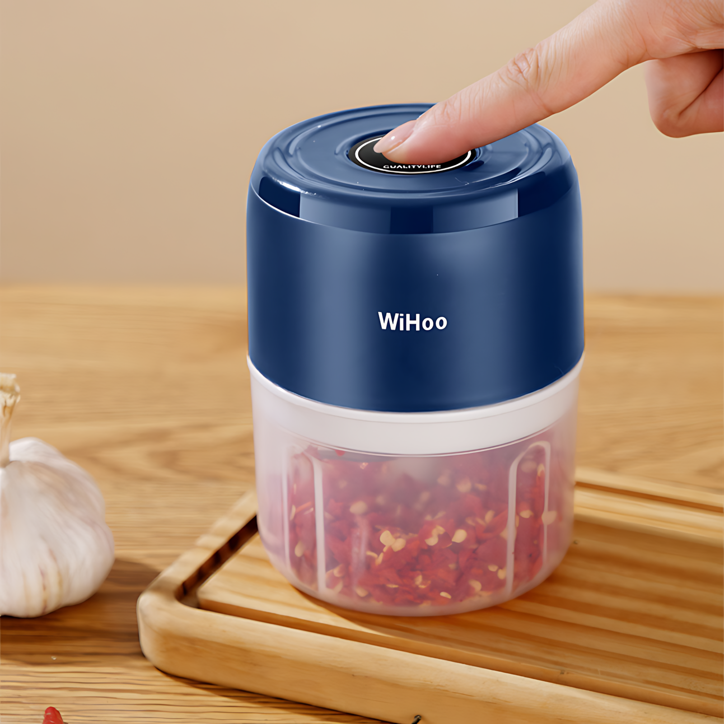 WiHoo Electric Garlic Chopper, Mini Portable Veggie Chopper, 250ML Garlic Grinder Masher Onion Chopper, Blender to Vegetable, for Ginger, Chili, Fruit, Meat